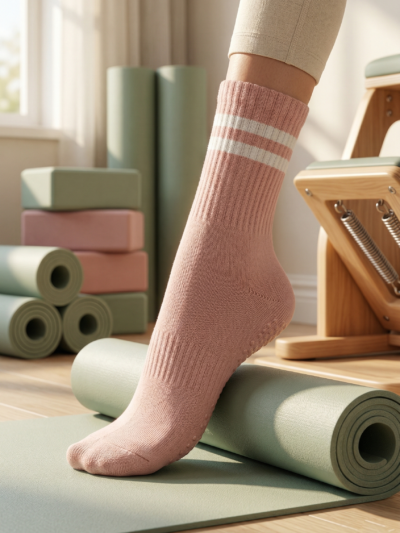 różowe skarpetki do pilatesu na stopach modelki, zielone i różowe akcesoria do pilatesu w tle