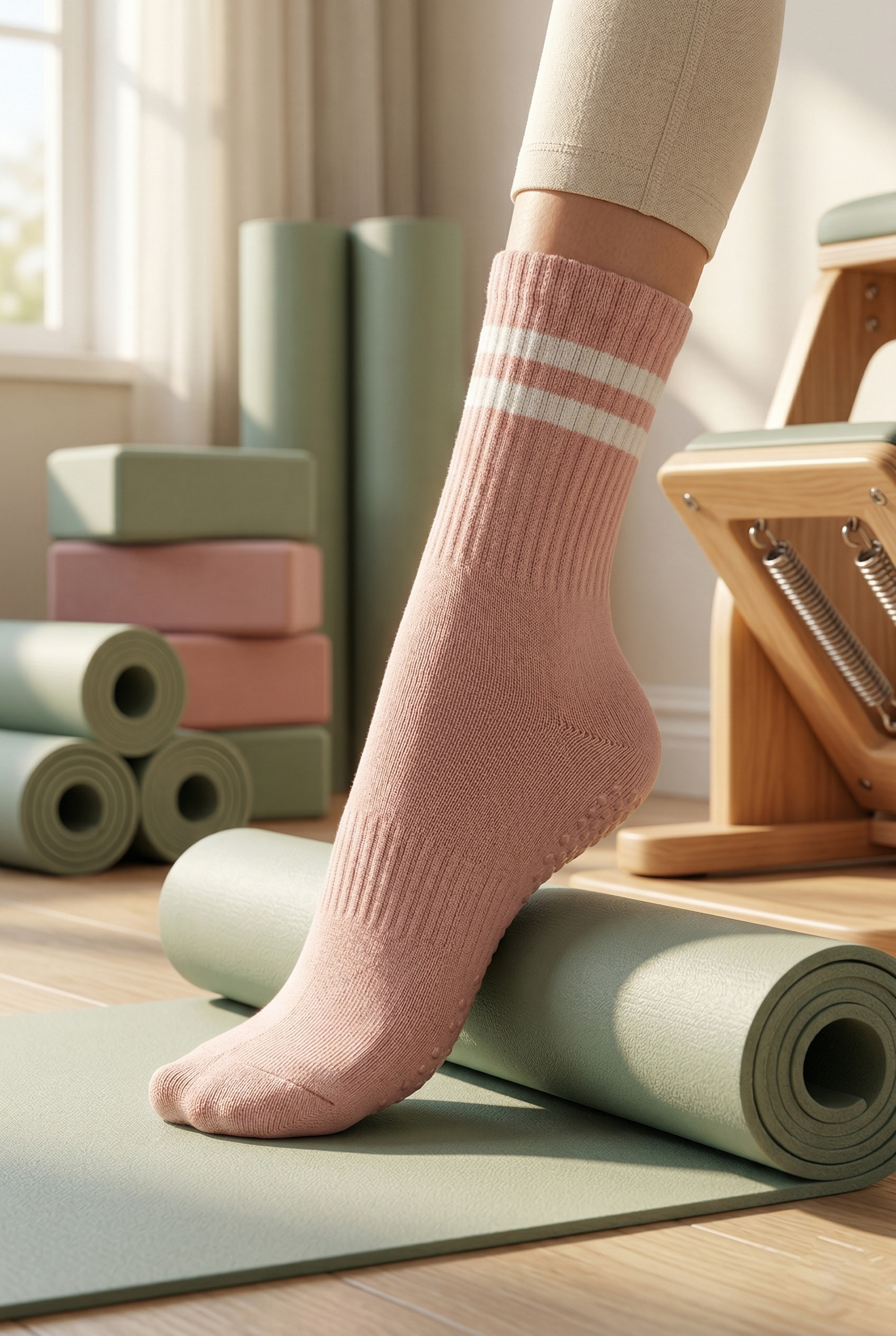 różowe skarpetki do pilatesu na stopach modelki, zielone i różowe akcesoria do pilatesu w tle